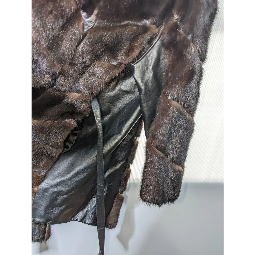Vintage 70's Dayton's Black Leather Coat with Fur Accents Tie Waist Black Brown - Picture 11 of 14